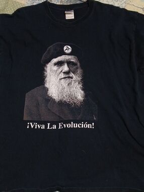 Vintage,Gildan Black Graphic Tee with White Darwin Portrait and Slogan